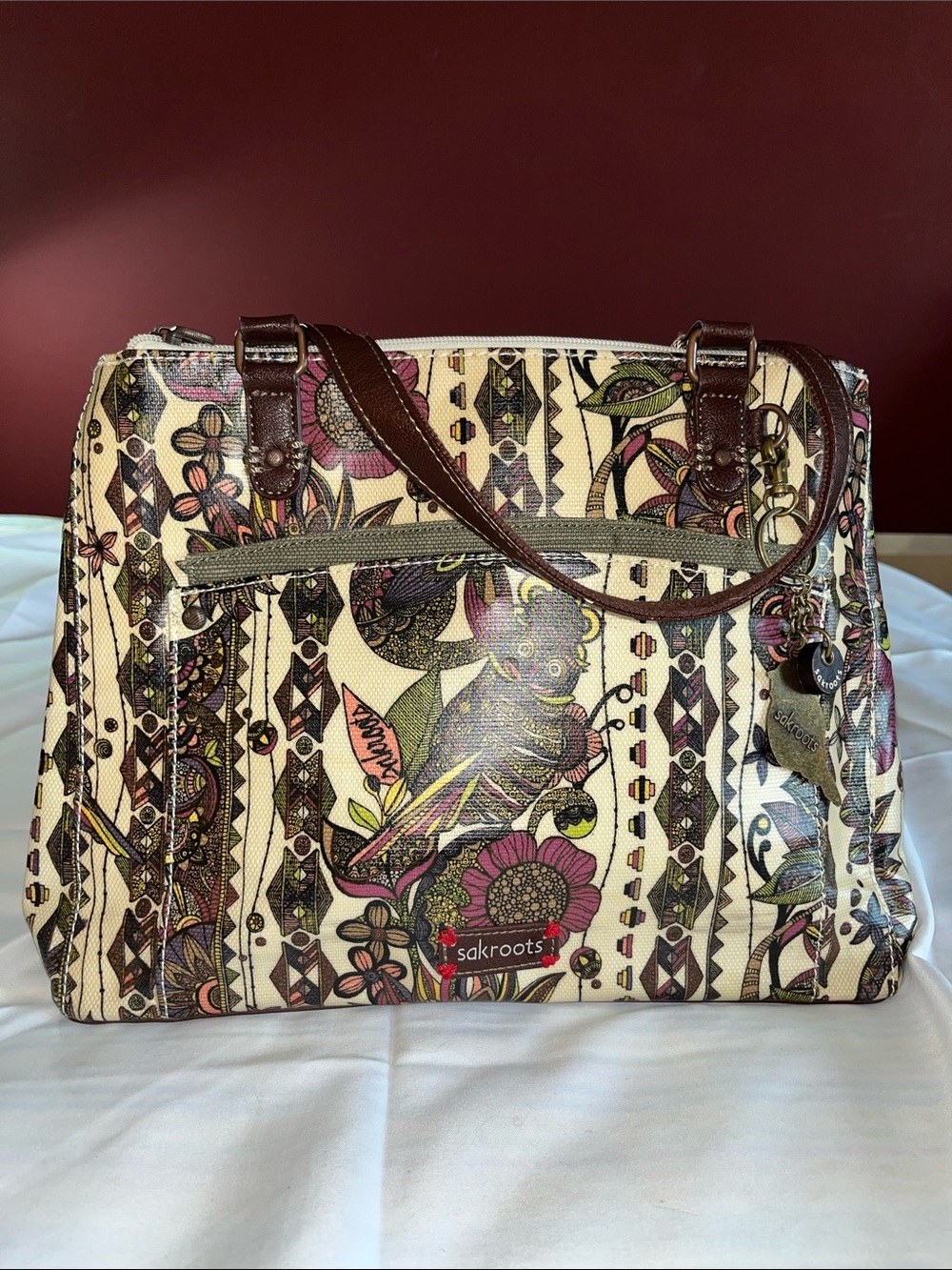 Sakroots Cream Floral Printed Oilcloth Satchel with‎ Brown Trim Owl Hang Tag